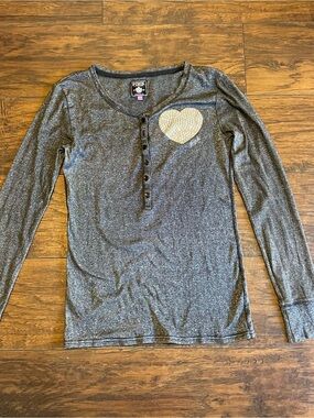 PINK Victoria's Secret Metallic Gray Long-Sleeve Henley with Gold Heart Patch